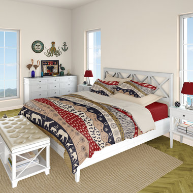 Bedding set. Naive African elephants and giraffes artwork with primitive floral motifs in maroon, navy blue and earth tones.