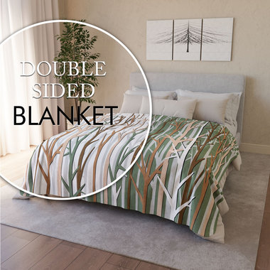 A graphic art winter forest design in an earthy color palette of tan, brown, sage green and white, printed on a lightweight, soft and plush two-sided velveteen throw blanket. One side is printed on a white background and the other side is printed on a green background.