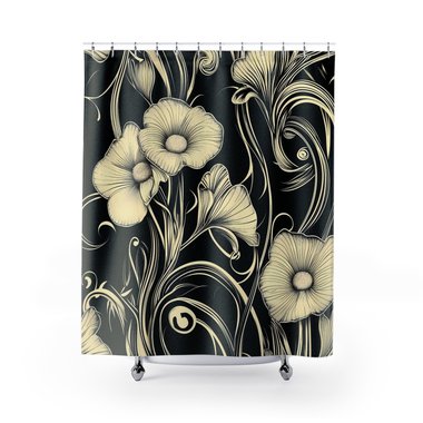 Black & Cream Floral Art Nouveau Shower Curtain