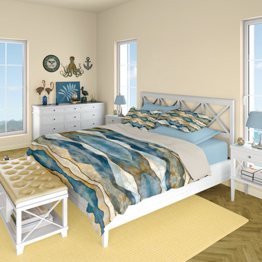 Winter landscape duvet cover or quilted comforter bedding in an abstract wavy striped design for a boho coastal bedroom decor.