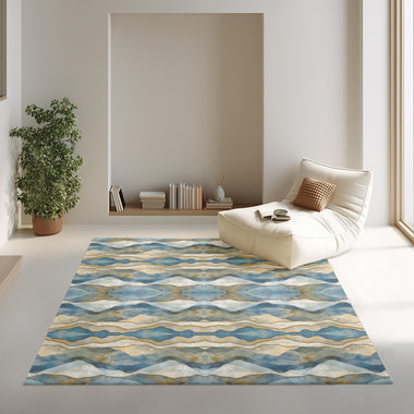 You'll see an abstract winter landscape featuring fluffy clouds, snow-capped mountains, icy lakes and rolling hills in this striped rug.