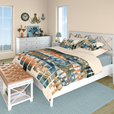 Abstract Boho Landscape queen duvet cover with matching pillow shams on a bed in a contemporary bedroom