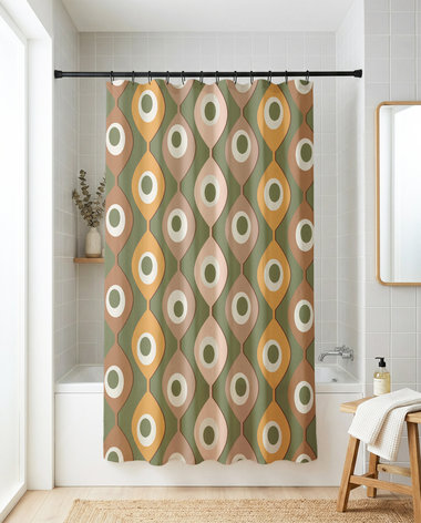 Green Mid-Century Shower Curtain, 70s Abstract Circles Pattern