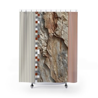 Rustic Rock and Stripe Shower Curtain, Textured Stone Art, Earth Tones