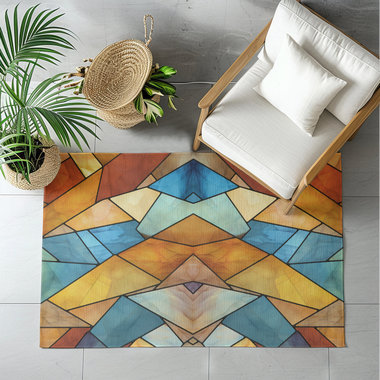 Rustic Stained Glass Eagle Area Rug 3x2', Southwestern Colors Indoor or Outdoor 