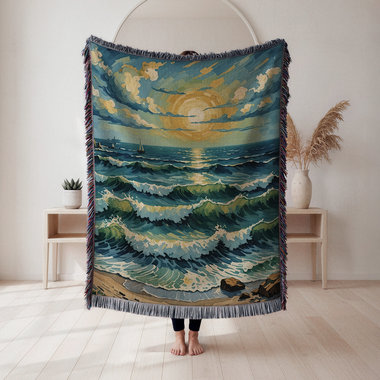 Tropical beach sunset woven blanket