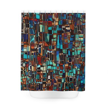 color block design shower curtain that resembles stained glass.
