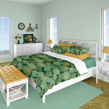 Green and Gold Asian Leaf Queen Duvet Bedding Set