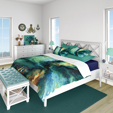 Blue Abstract Art queen duvet cover bedding set on a bed