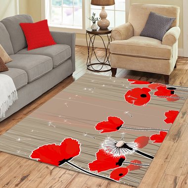 Red poppy rug, Indoor or outdoor floral area rug, 3x2 to 5x7 feet.