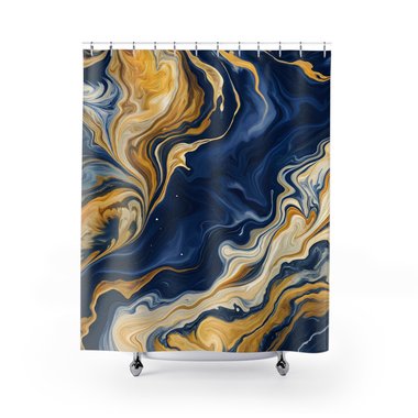 Abstract Acrylic Pour Shower Curtain in navy blue and gold.