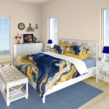 Navy Blue and Gold Abstract Fluid Art queen duvet cover bedding set