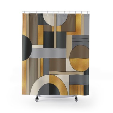 Mid-Century modern shower curtain in muted shades of brown, gray, and black with textured gold elements that suggest a metallic or glittery effect which create a sense of elegance and understated luxury.